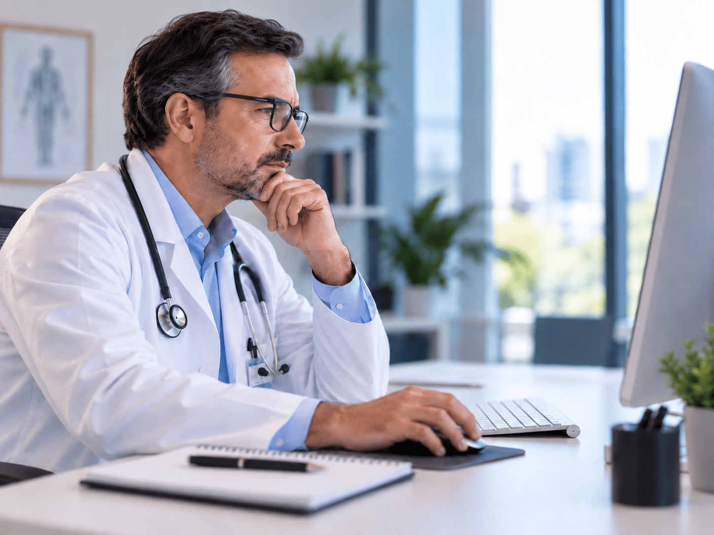 Médico analisando informações clínicas no computador