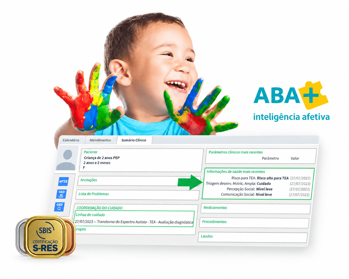 Criança sorrindo com as mãos pintadas e tela do sumário clínico TEA, com ABA+ e selo SBIS S-RES