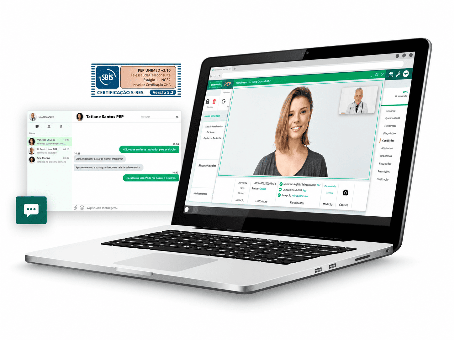 Notebook com videochamada da TeleConsulta, janela de chat com o paciente e selo de certificação SBIS S-RES
