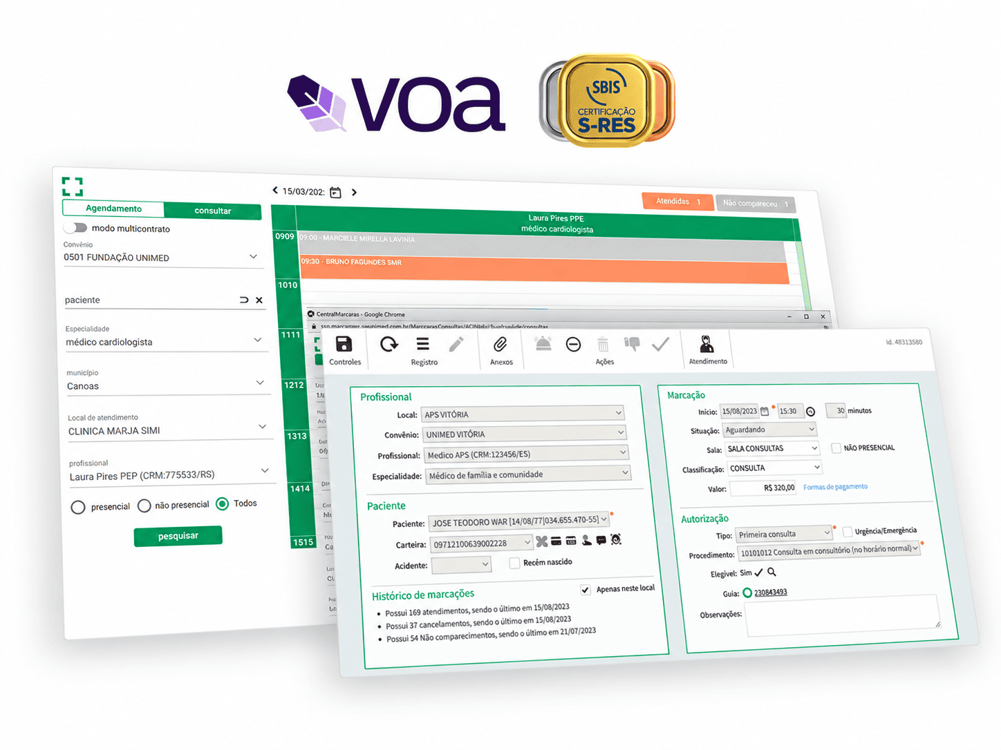 Telas de agendamento e marcação da Gestão de Clínicas, com Voa Health e selo SBIS S-RES